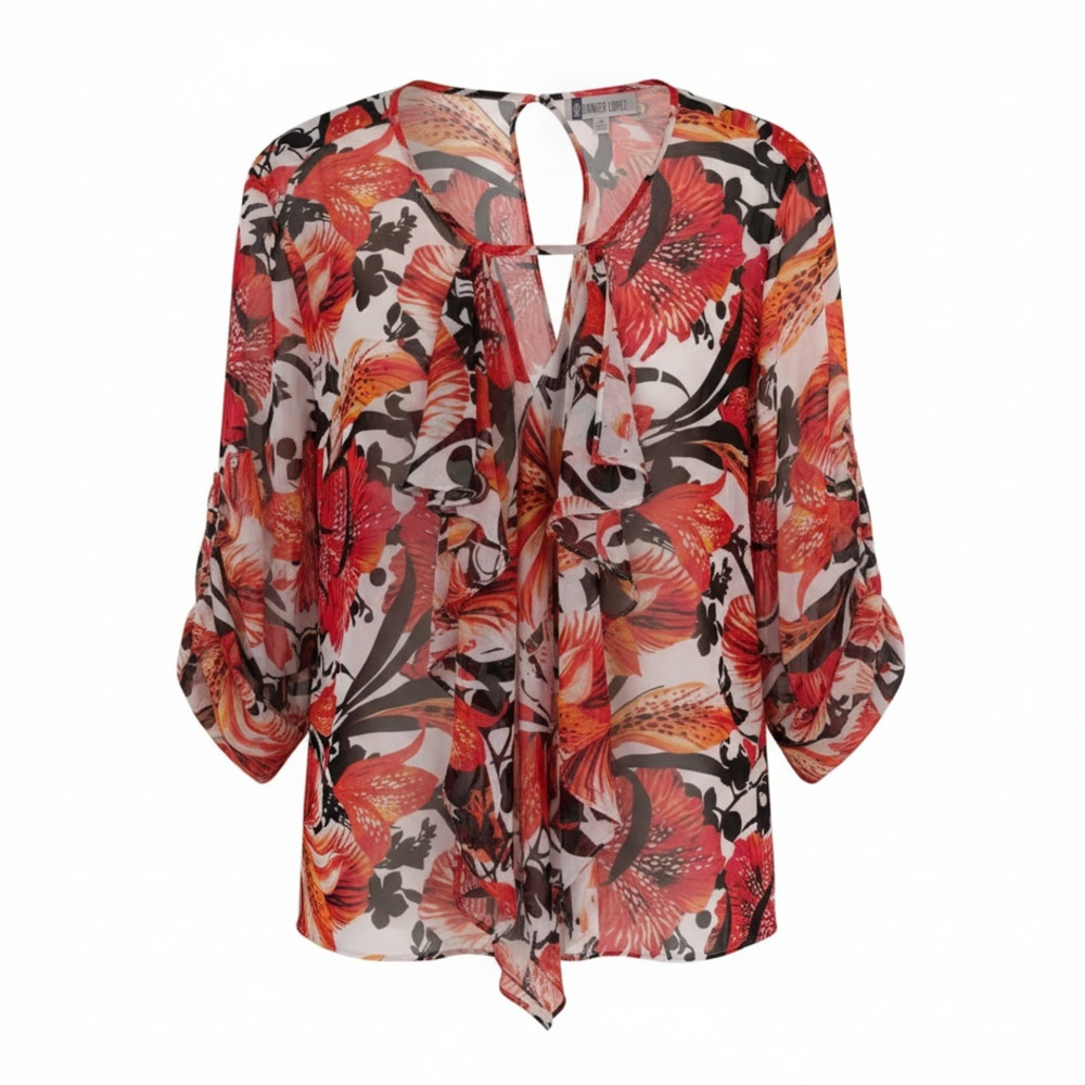 Jennifer Lopez Women's Floral Ruffle Keyhole Neck Chiffon Blouse - Picture 2 of 13
